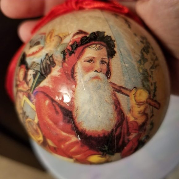 Vintage Style Set of 6 Antique Santa Paper Mache Decoupage Christmas Ornaments - Picture 1 of 15